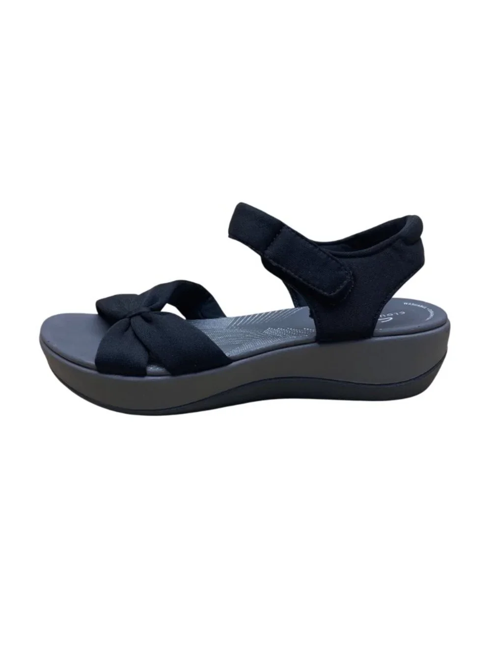 Clarks Women's Black Fabric Adhesive Strap Closure Bow Detail Sandals Size 7.5